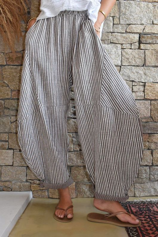 Sundaze Cheesecloth Chalk Stripe Classic Barrel Pant Mocha